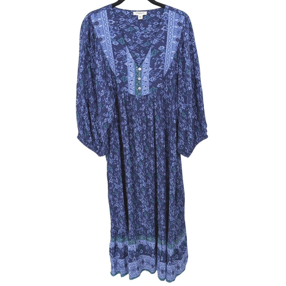 Beachlunchlounge Midi Dress XL‎ Blue Ikat Paisley Peasant Boho Balloon Sleeve